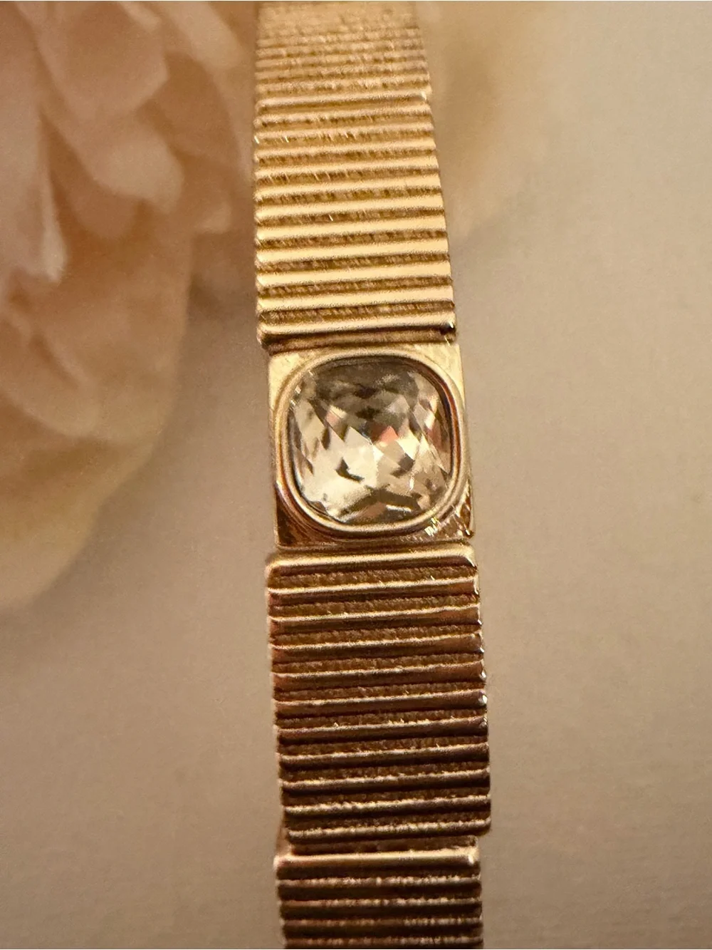 Roxanne Assoulin Gold Ribbed Cuff Bracelet with Crystal Stone NEW AUTHENTIC